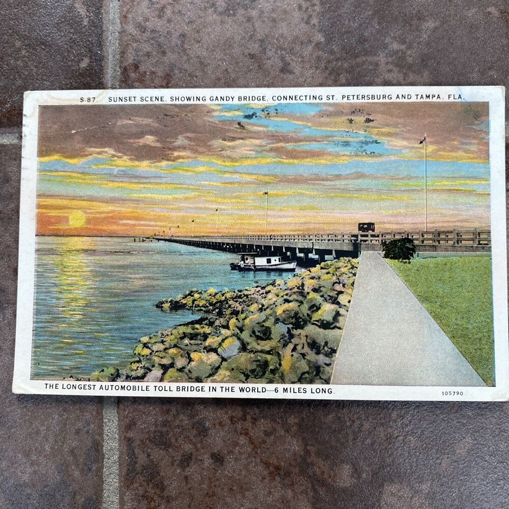 Vintage Postcard 1929 Sunset Showing Gandy Bridge St. Petersburg Tampa Florida